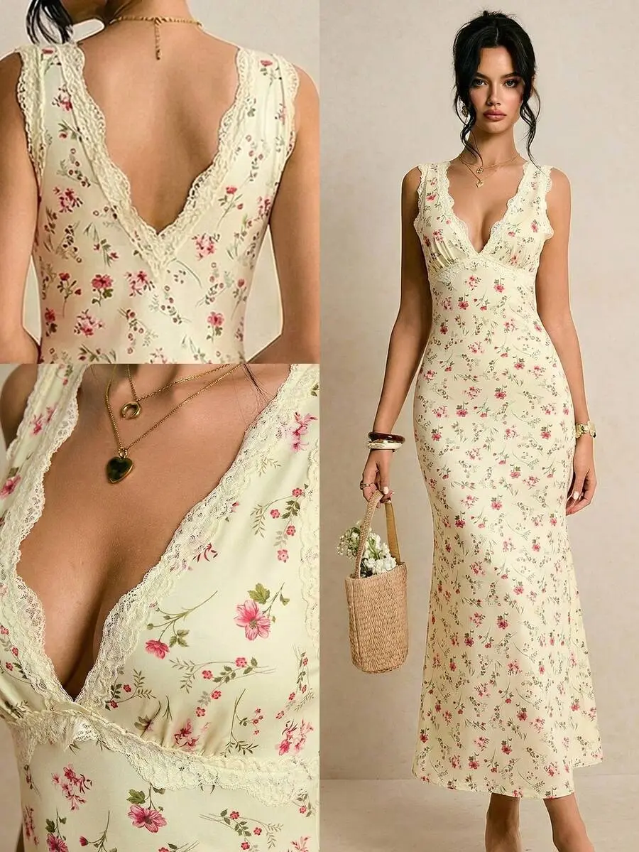 HERMIA Women's Pink Floral Lace Patchwork V-Neck Sleeveless Maxi Dress,Cottage Core Vintage Elegant Tea Party Garden Vacation Summer Dresses For Women