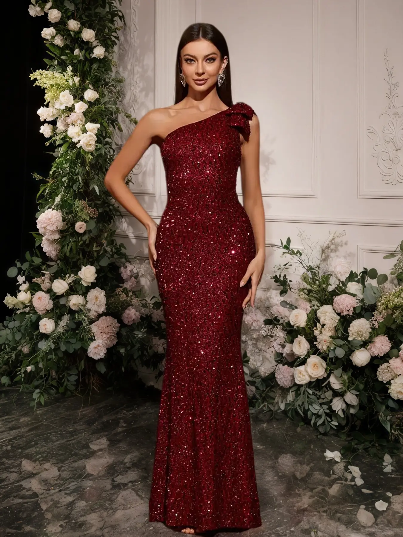 Women's Wine Sequin One Shoulder Mermaid Formal Maxi Dress, Fit, Elegant  A-Line Waist Cinching Design, Sparkling Floral Embellishments for Weddings,  Evening Events and Formal Wear - TikTok Shop