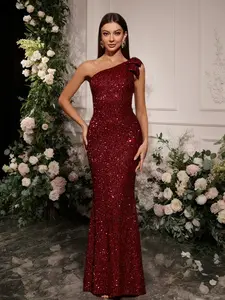 Women's Wine Sequin One Shoulder Mermaid Formal Dress, Fit, Elegant A-Line Waist Cinching Design, Sparkling Floral Embellishments for Weddings and Evening Events
