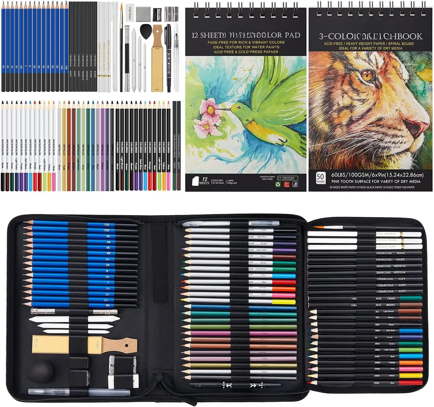 80 Pack Drawing Set Sketching Kit, Pro Art Supplies with 3-Color Sketchbook, Watercolor Pad, Colored, Graphite, Charcoal, Metallic Pencil, for Artist Adults  Beginner