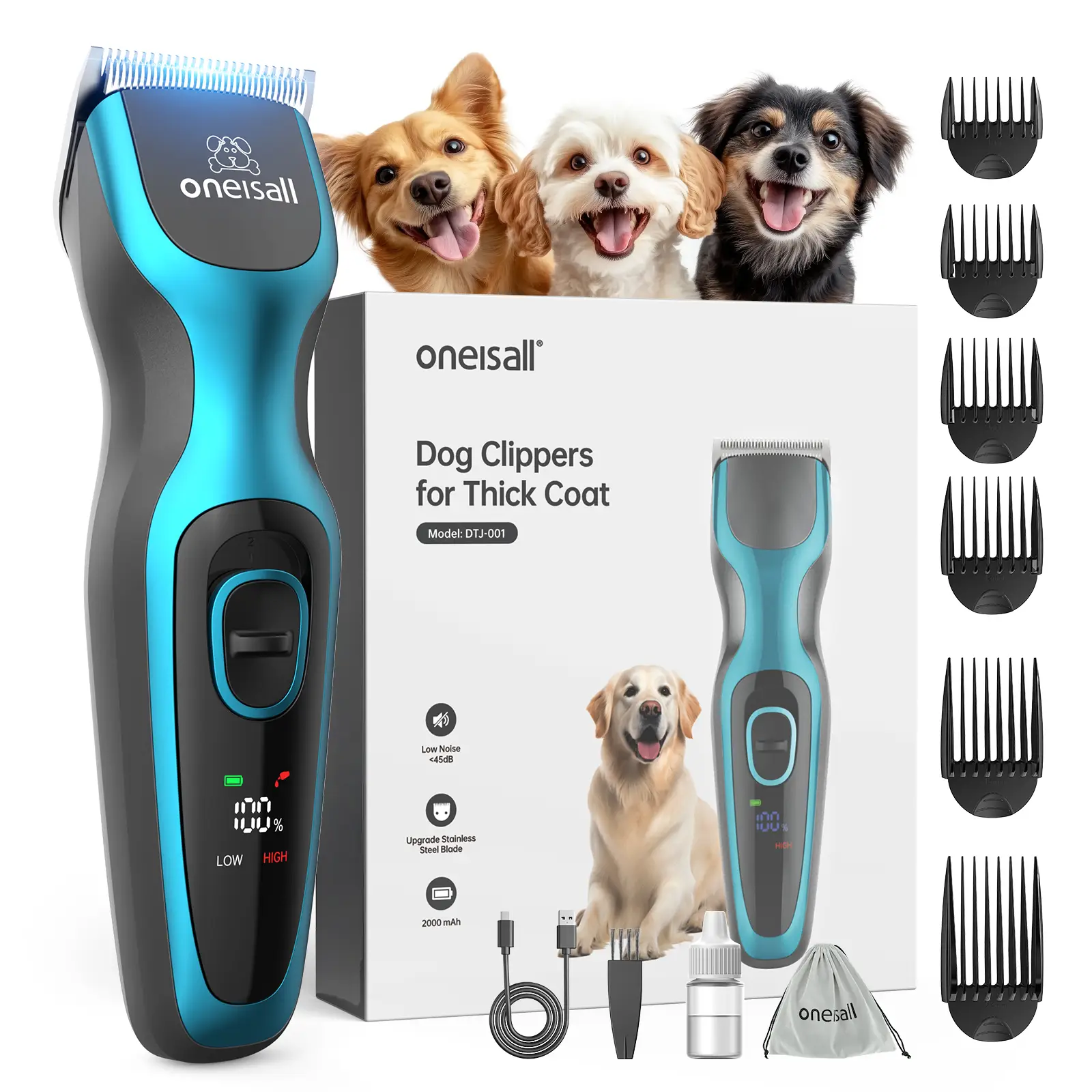 oneisall Powerful 2-Speed Pet Clippers, Quiet 50dB Cordless Trimmer for Thick-Coated Dogs, Rechargeable with Detachable Blade, Ideal for Large & Small
