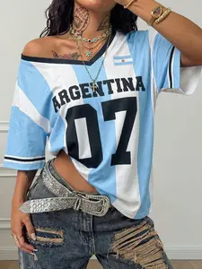 Y2K American Retro Style Argentina 07 Stripe Mesh Eye Tee, Loose Fit V-Neck Sport T-Shirt, Hip Hop Streetwear Top for Women