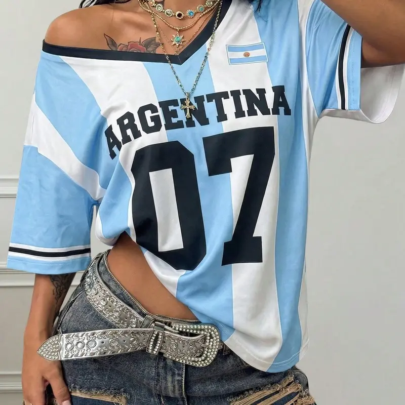 Y2K American Retro Style Argentina 07 Stripe Mesh Eye Tee, Loose Fit V-Neck Sport T-Shirt, Hip Hop Streetwear Top for Women