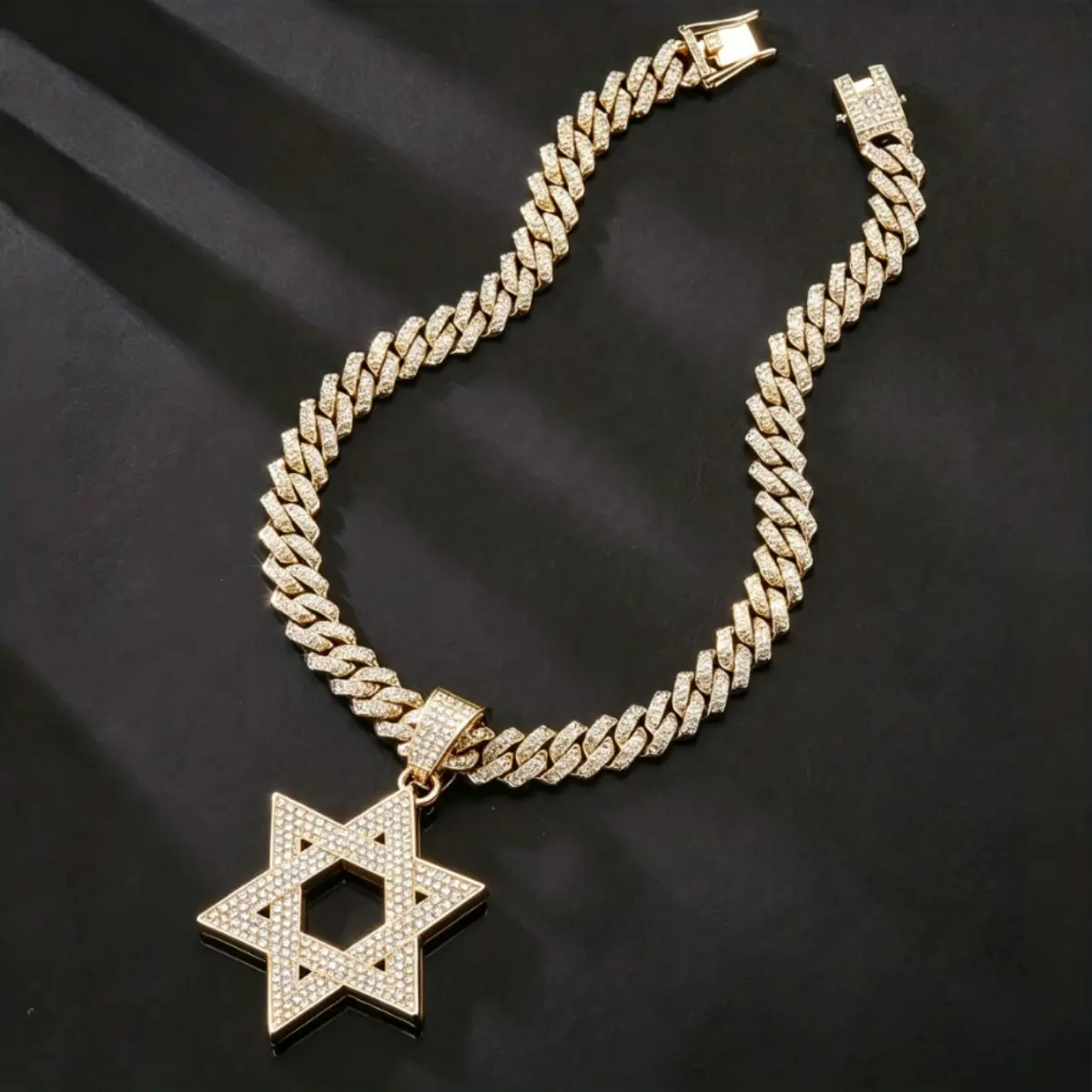 Iced Out Star of David Pendant Necklace, Hollow Hip Hop Bling Cuban Link Chain, Silver Gold Plated Diamond Cut Jewelry for Men Women