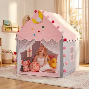 Apojungle Dreamy Princess Play Tent with Soft Mat - Spacious Indoor Playhouse for 2-3 Kids, Pink Roof, Moon-and-Star Appliqués, Breathable Mesh Windows, Ultimate Birthday Gift for Little Girls