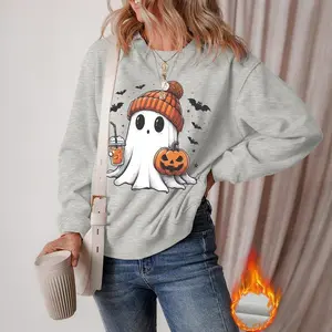 NewWomen’s Gray Halloween Ghost Print Crewneck Drop Shoulder Pullover Sweatshirt