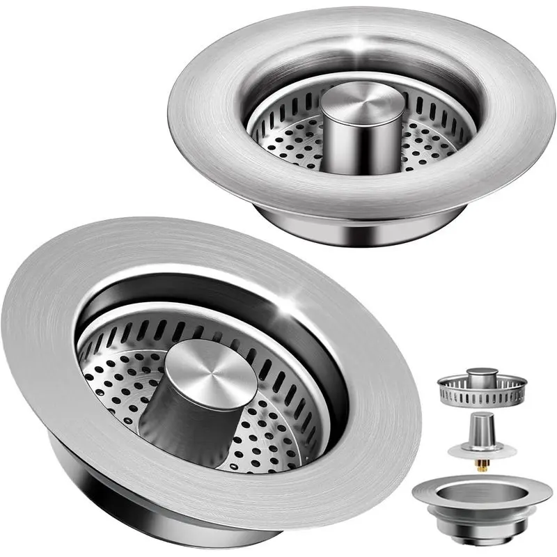 3-in-1 Kitchen Sink Drain Strainer & Sink Stopper 2 Pack - 304 Stainless Steel Sink Drain Strainer, Pop-Up Anti-Clog Design, Fits Standard 3-1/2'' Sink Drains smooth handle anti-clogging basket draper 3-layer seal quality