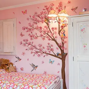 A set of three peach blossom, spring and bird wall stickers, Wall Decal for bedroom and living room background walls, home decoration stickers, Floral Pattern Sticker, Flower Design, self-adhesive M13555-KN