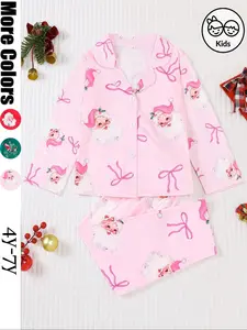 Christmas Pajama Set, Cute Cartoon Print, Fire-Resistant Fabric, Long Sleeve Button-Up Top & Elastic Pants, All Seasons Wear