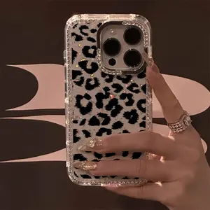 Black Leopard Print Luxury Rhinestone Fashion Phone Case, Transparent Sparkling Diamond Frame Star Case Anti-drop Case, Suitable for iPhone 17 Pro Max 17 Air 16 15 14 Plus 13 12 11 Protective Cover, Christmas Gift, New Year Gift, Easter Gift, Halloween Gi