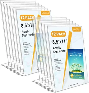 MaxGear Acrylic Sign Holder 8.5 X 11 inches Slant Back Sign Holder Clear Sign Display Holder Plastic Display Stands Table Sign Display Holder for Office, Home, Store, Restaurant - Vertical, 12 Pack