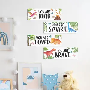 Inspirational Dinosaur Pattern Wooden Sign, 4 Counts/set Cute Wall Art Decor, Wall Hanging Plaque for Home Children's Room Bedroom Kindergarten, Home Decor Products