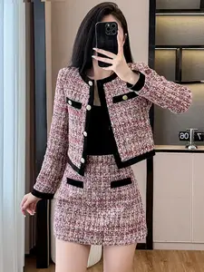 Women's Elegant Fall Winter Two-Piece Set, Long Sleeve Button Front Top & Short Skirt, Fitted Plain Woven Fabric