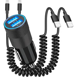 [MFi Certified]iPhone Fast Car Charger, Rombica 4.8A Dual USB Car Power Cigarette Lighter USB Car Charger with 2Pack 6FT Coiled Lightning to USB Cable for iPhone 14 13 12 11 Pro/XS Max/Mini/XR/SE/iPad
