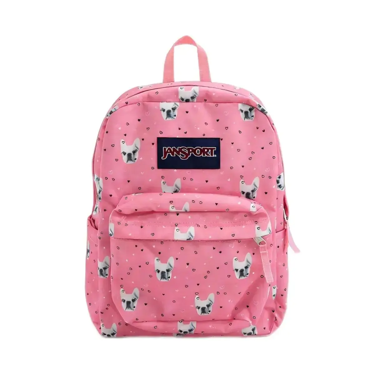 JanSport Classic Student Backpack Pink Full Print French Bulldog and Hearts Large Storage Design Ergonomic Shoulder Strap Backpack For Women