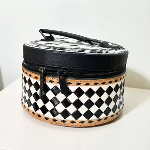 Checker tooled leather & cowhide jewelry box 