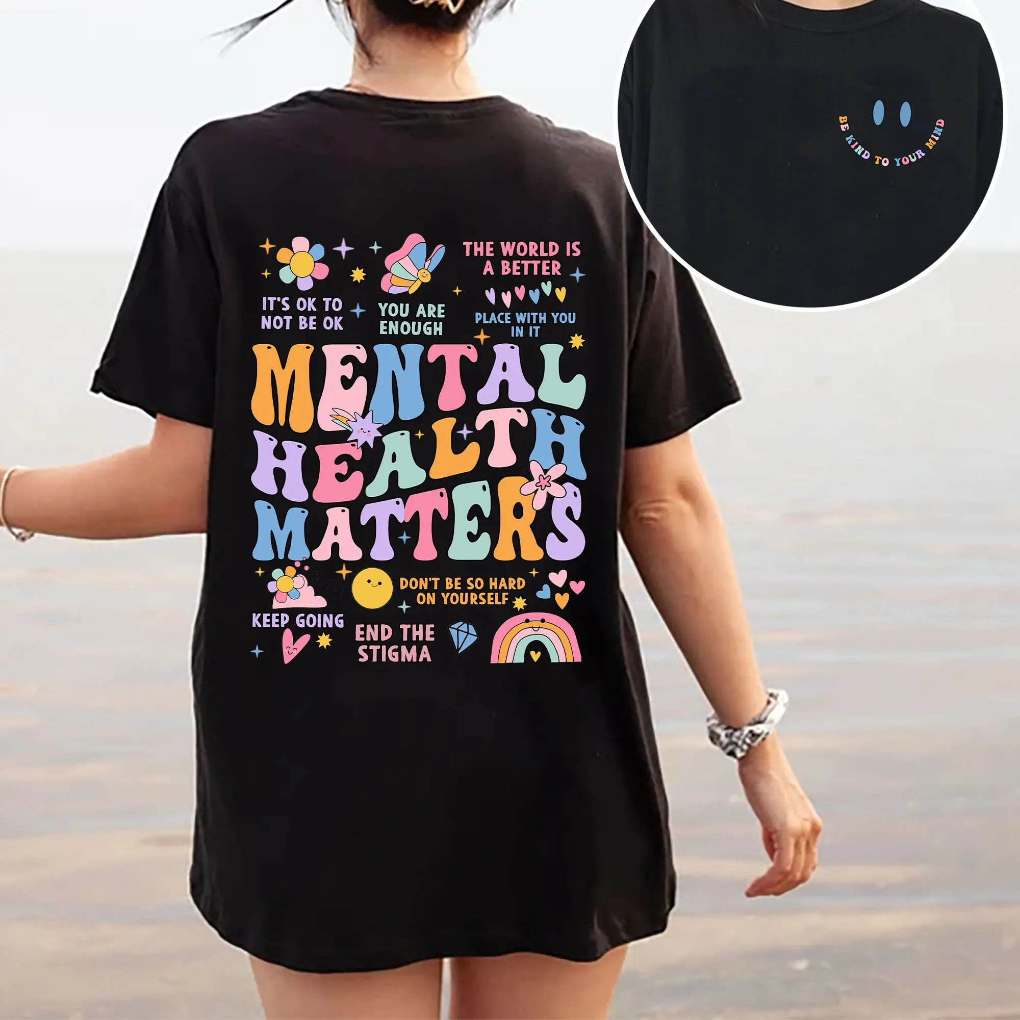 Mental Health Matters Shirt Women Positive Vibes Graphic Tee Cute Oversized T Shirt Inspirational Quote Casual Short Sleeve Top