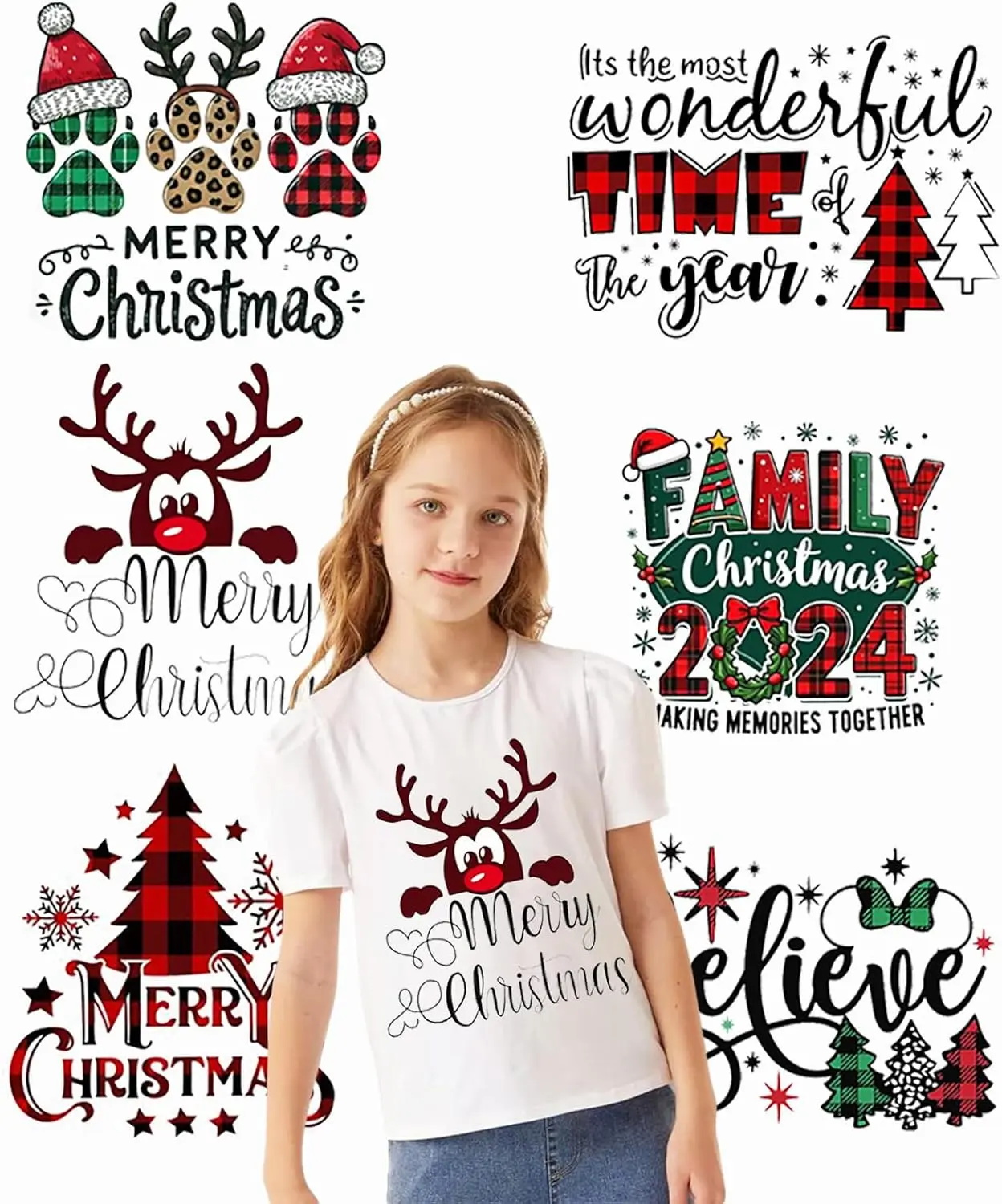 6 Sheets Christmas Tree Iron on Transfers for T Shirts,Xmas Heat Transfer Vinyl Stickers,DTF Transfers Ready to Press,Cute Reindeer Iron on Patches Decals for Clothes Bag Pillow DIY Fabric Decor
