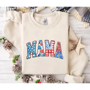 [Sale Up To 40%] Mama Sweatshirt, American Flag Floral Letter Graphic, Patriotic & Festive Gift for Moms