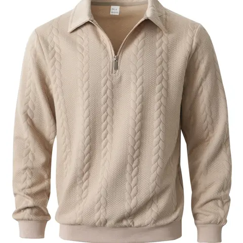 Men's Autumn Winter Cable Knit Polo Neck Sweater Semi Zip Up Design Casual Stylish Must Have Wardrobe Essential Quarter Zip Pullover