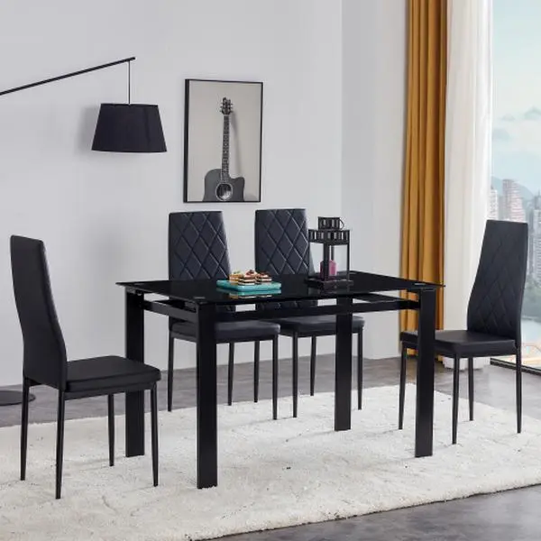 【Bellemave】5 Pieces  Dining Table Set for 4,Kitchen Room Tempered Glass Dining Table ,4 Faux Leather Chairs ,Black