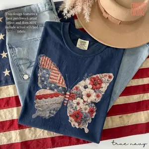 (FAUX PATCHWORK-PRINT) Comfort Colors Faux Patchwork, Faux Patriotic Butterfly Shirt, Digital Print Shirt, American Flag Butterfly Tee, 4th Of July Shirt, Independence Day Gift, Gift for Her - HARSIN