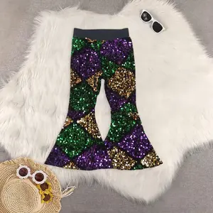 New Clothes  Girls Sequin Pants Green Purple Gold Mardi Gras Shiny Elastic Waist Kids Partywear