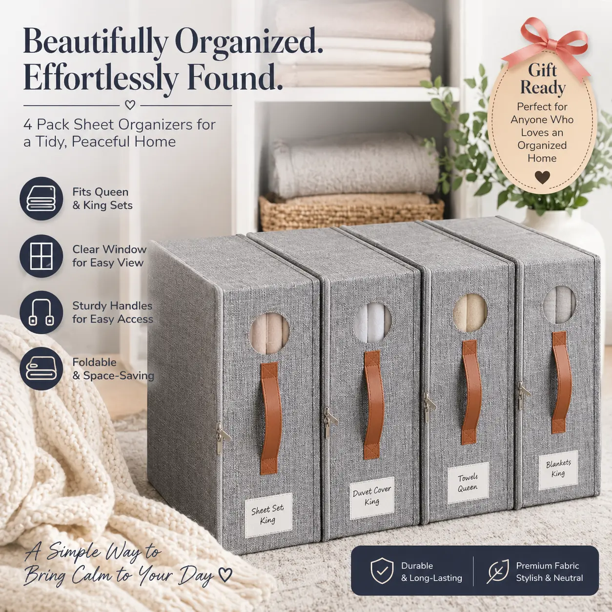TRZZ Gift Box Sheet Organizer Set (4/8 Pack) – Foldable Linen Closet Storage Bins with Clear Window, Fits Queen & King Sheets, Bedding, Blankets & Comforters, Easy Closet Organization tiktokshopspringglowup Organizing #Household Essentials