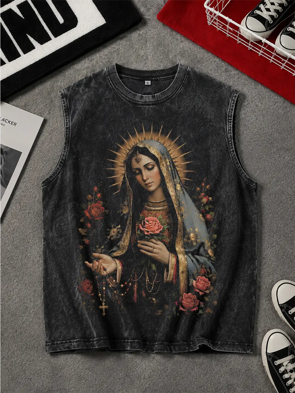 Menswear ，Bible，Men's Vintage Gothic Oversized SleevelessGraphic Vest - Washed Black, Y2K Streetwear, SummerCasual Top singlets