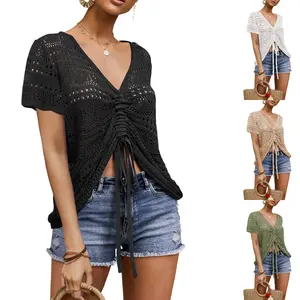 Goranbon Womens Crochet Top Oversized V Neck Summer Flowy Crop Tops Shirts Boho Pullover Sweaters