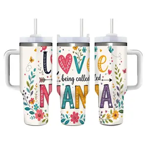 40oz Love Being Called Nana Floral Pattern Stainless Steel Tumbler， Tumbler with Handle and Straw Double Wall Vacuum Insulated Travel Mug， Coffee Cups With Lids， Perfect Gifts For Birthday Holidays.