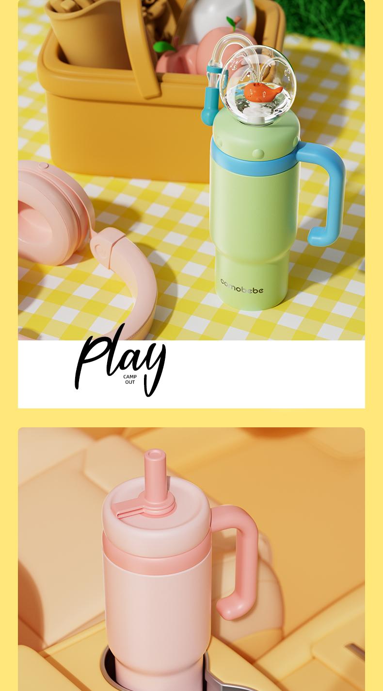 【COMOBEBE】24oz Stainless Steel Whale Fountain Tumbler – Spill-Proof, Dual Lids, Durable Handle, Dishwasher Safe, Cute and Fun for Kids & Adults