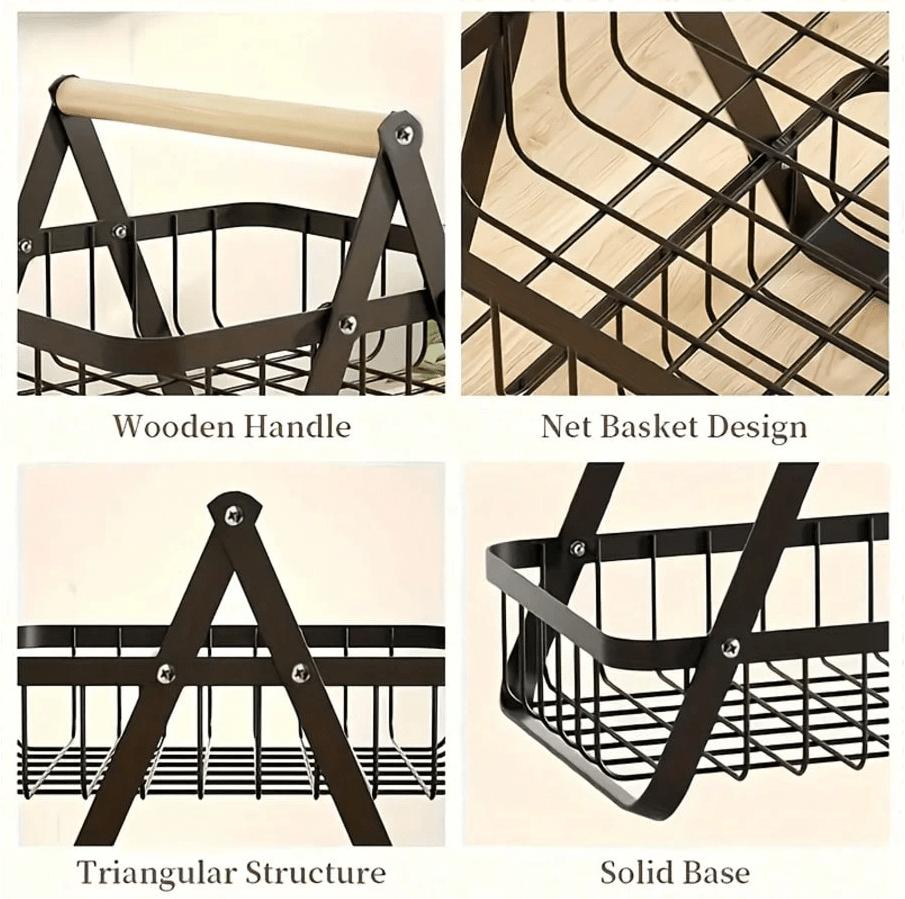 TAIMASI 2/3-Tier Metal Fruit Basket With Wooden Handles - Multi-Purpose Organizer For Kitchen & Bathroom | Stores Fruits, Vegetables, Bread & Pasta | Detachable Portable Design - Seasonal Pick For: • Labor Day Entertaining Prep