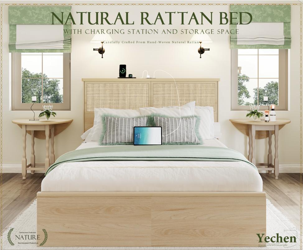 Yechen Natural Rattan Queen Bed Frame with Storage, 10 Drawers & Storage Headboard with Charging Station, Boho Rattan Wood Bed Frame with Metal Frame, Noise Free, No Box Spring Needed