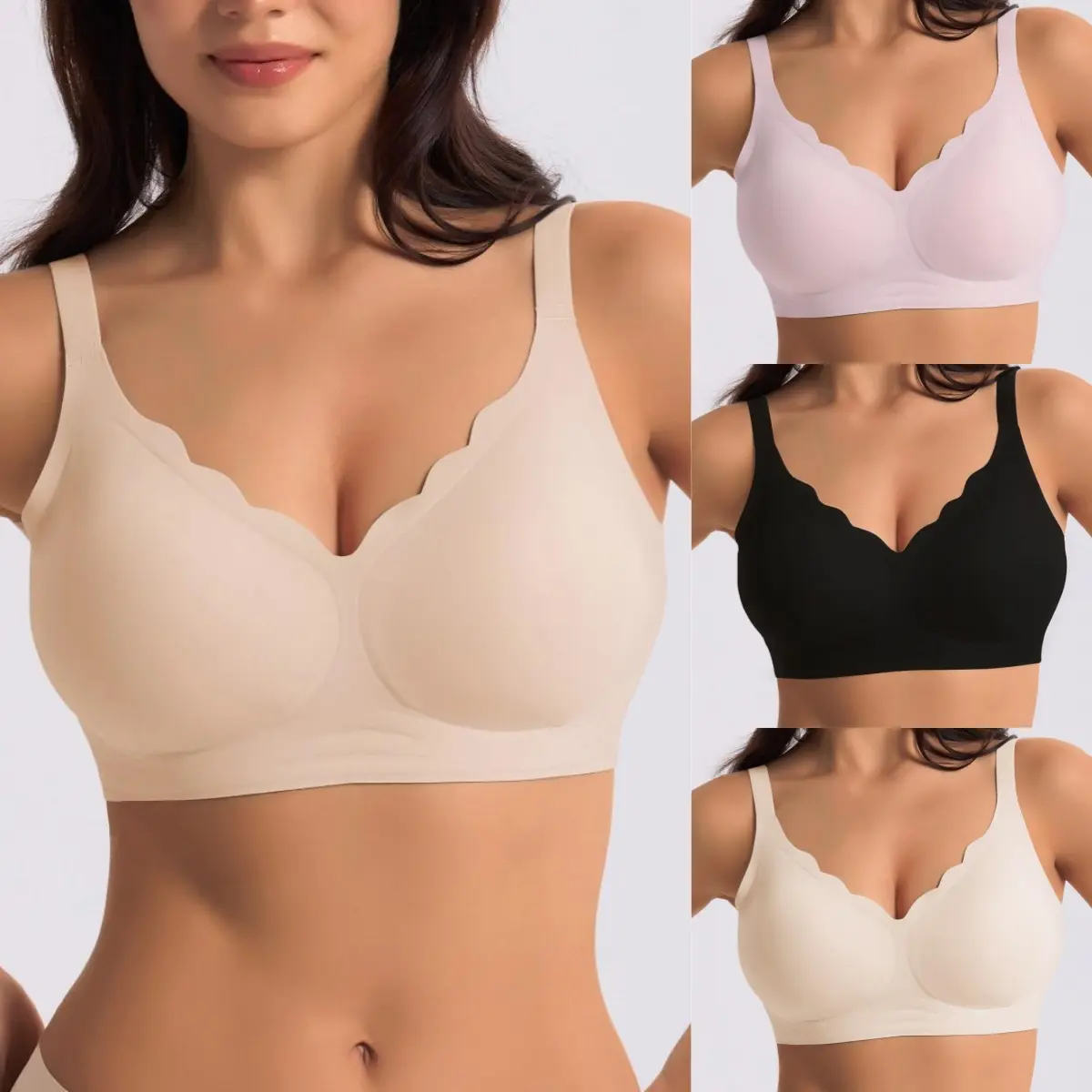 Mobeso Women's WireFree Jelly,Seamless Deep V T-Shirt,Padded Soft Support Wireless,Adjustable Straps,Breathable Shaping Underwear Seamless Sport Smoothing Bras,Push-Up Seamless V-Neck Bralette Bra,Woman Bralette Full Coverage Posefree T-shirt Bra