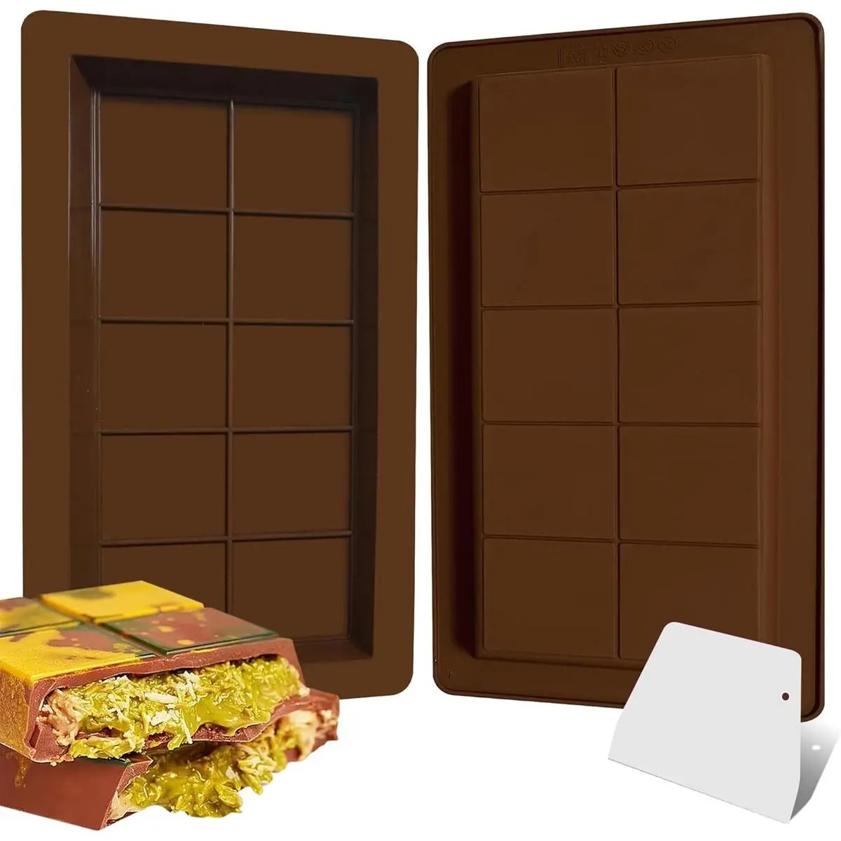 2Pcs Huge Dubai Chocolate Silicone Molds, Deep Chocolate Molds for Stuffed Bar Filling Knafeh Pistachio Chocolate Bar with Scroper