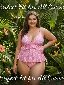 Adorable Ditsy Floral Ruffle Plus Size Swimwear Set, Casual Vacation Wear, Hot Spring Beach, All Seasons
