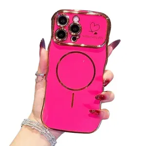 Wave Edge 17ProMax PhoneCase 16Pro Electroplated Magnetic iP15/14 Silicone 13/12Soft Supplier Warranty Pink Heart Design