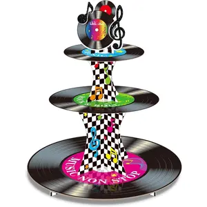 3 Tier 1950's Rock and Roll Music Party Decorations Record Cupcake Stand Vinyl Record Cupcake Holder Music Not Stop Dessert Tower for 50s Retro Theme Party Supplies