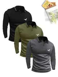 Spring/Autumn Lightweight 3-Pack Long Sleeve Polo Shirt with Collar, Simple Retro Eagle Silhouette Print, Casual Men’s Everyday Outdoor Sports Lightweight Business Outdoor Running Top