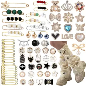 72pcs Fashion Alloy Shiny Sock Pins & Brooches DIY Shoe Hat Accessories Imitation Pearl Safety Pins for Clothing Decoration Anti Exposure Brooches for Women's Daily Wear