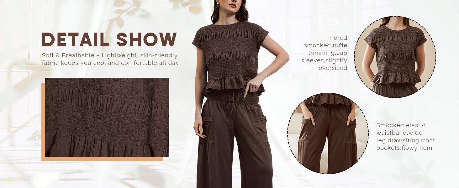 Mundoven Women's 2-piece smocked Top & Wide-leg pants Set-High waisted Lounge Outfit with Pockets Casual Boho Matching Set