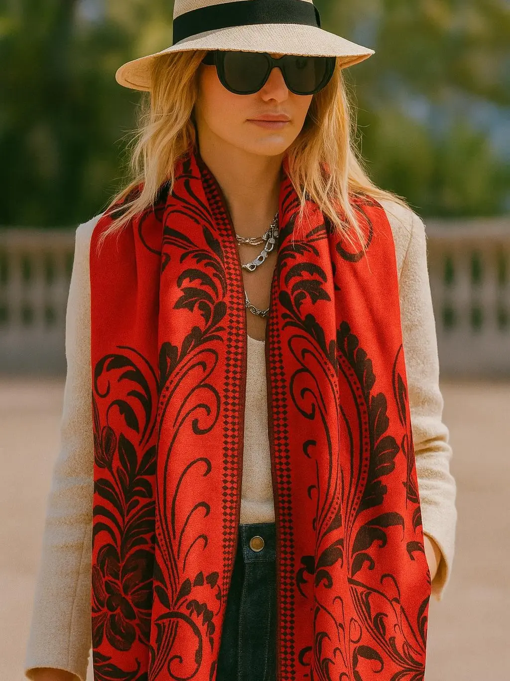 Women's Reversible Floral Boho Scarf - Oversized Shawl with Fringe Details Lightweight Soft Fabric Intricate Floral Design Classic Fringed Hem Elegant Layering Accessory