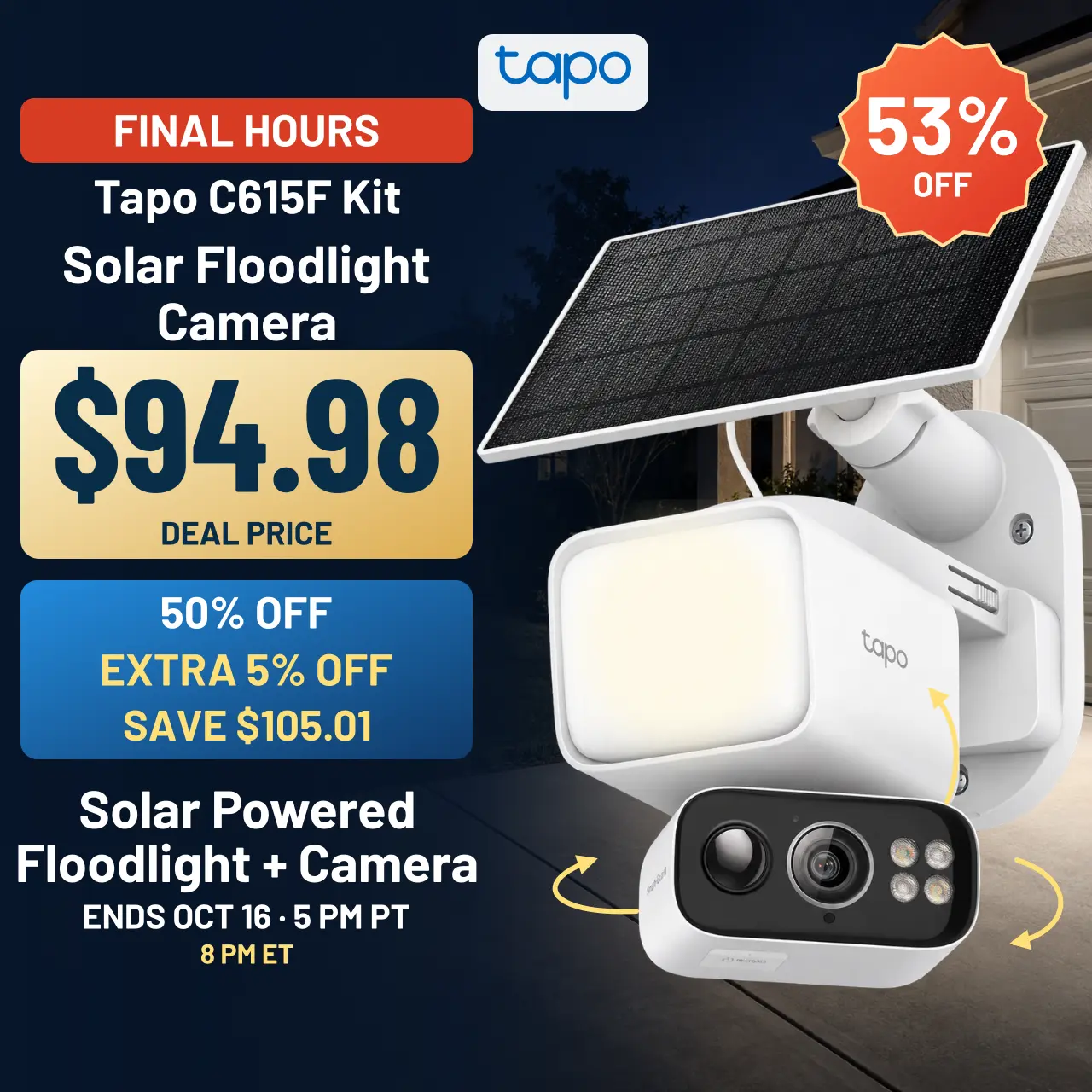 TP-Link & Tapo C615F Kit Solar Dimmable Floodlight 360° Pan/Tilt Security Camera Kit,2K 3MP  360° AI Tracking  Outdoor Wireless w/Solar Panel  Free Person/Vehicle Detection  Hack-Proof Security | Alexa & Google Home   #SummerWins #DealsForYouDays