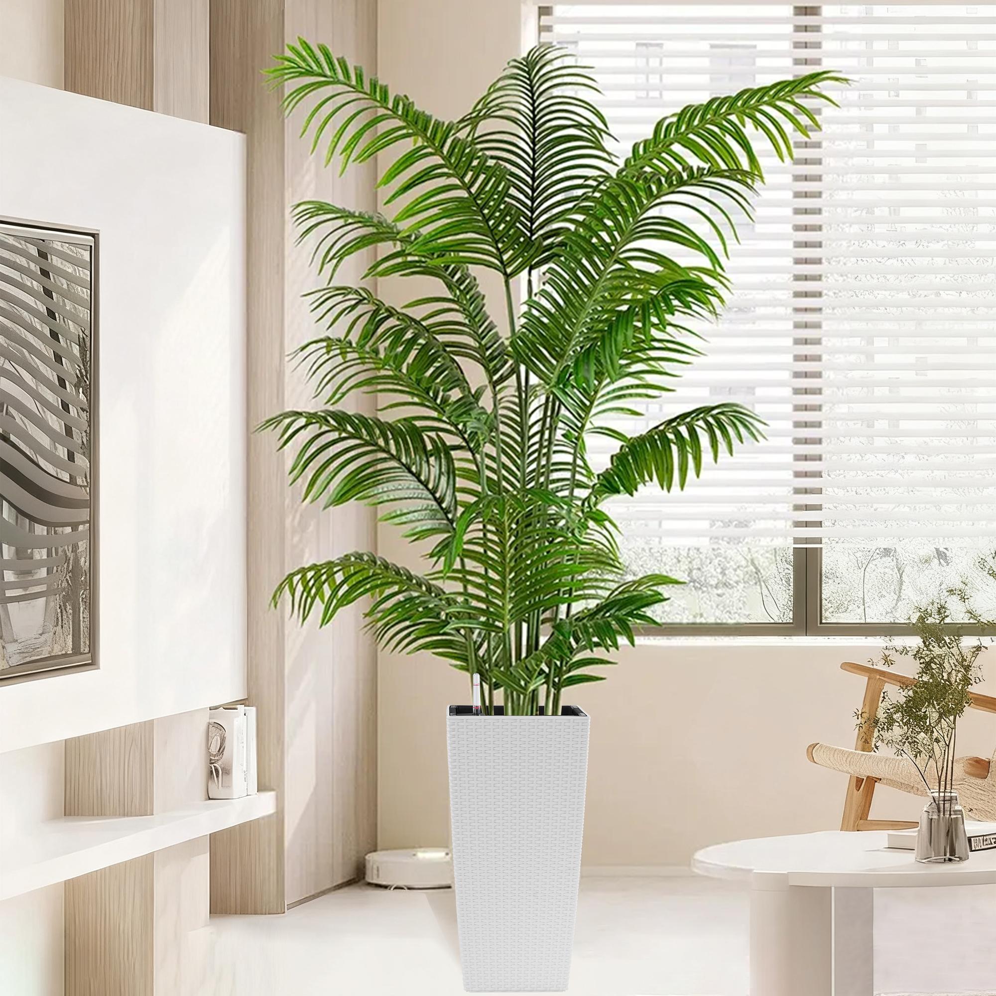 22 Inch High Pack of 2 Large Square Faux Rattan Planters, Self-Watering Flower Pots with Automatic Watering System & Drainage, Modern White Decorative Planter for Indoor Outdoor Use, Perfect for Porch, Patio, Backyard, Garden