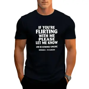 Men's Black Graphic T-Shirt - Menswear Short-Sleeve Round Neck Top, Bold White "Clueless Flirtation Awareness" Print, Washed Cotton, Casual Streetwear for Summer Outings & Daily Wear