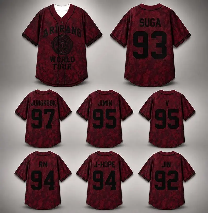Music Tour ARMY Baseball Jersey, Burgundy Oversized Button Up Shirt, Kpop Inspired Concert Fan Jersey, Unisex Streetwear Gift