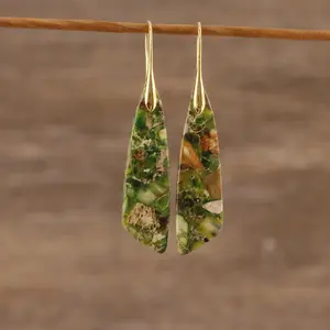 Natural Green Sea Sediment Jasper Earrings Healing Stone Dangle Drop Earrings-Inner Peace Healing Meditation Boho Stone Energy Gift