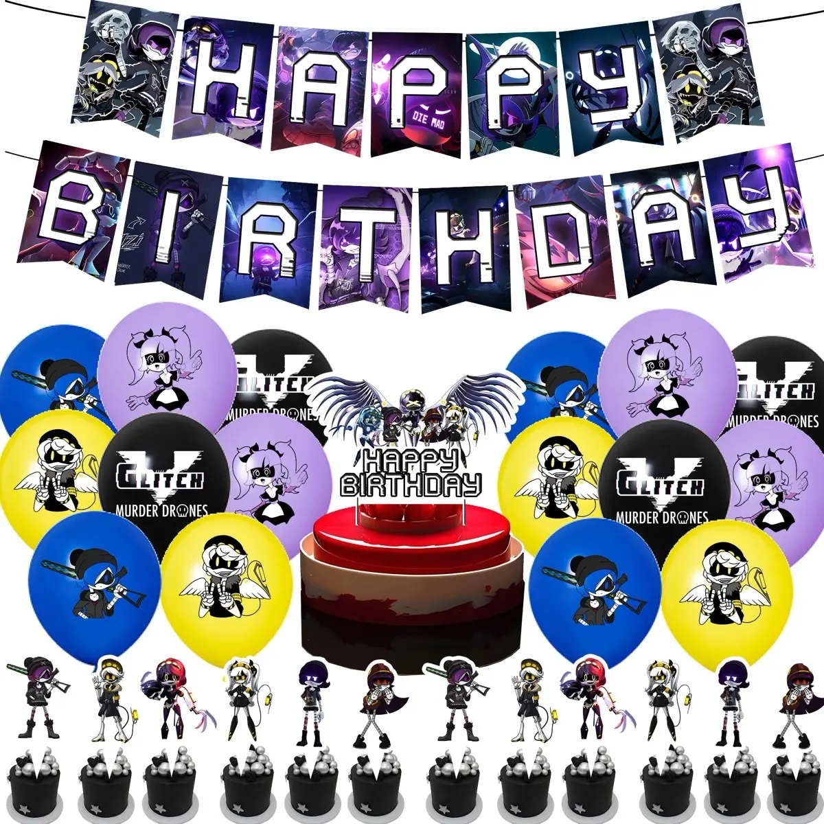 Murder Drones 30 Pcs Party Decorations - Unique Unique Design for Any Occasion with Red Table Center and Colorful Banners - Set Ornaments