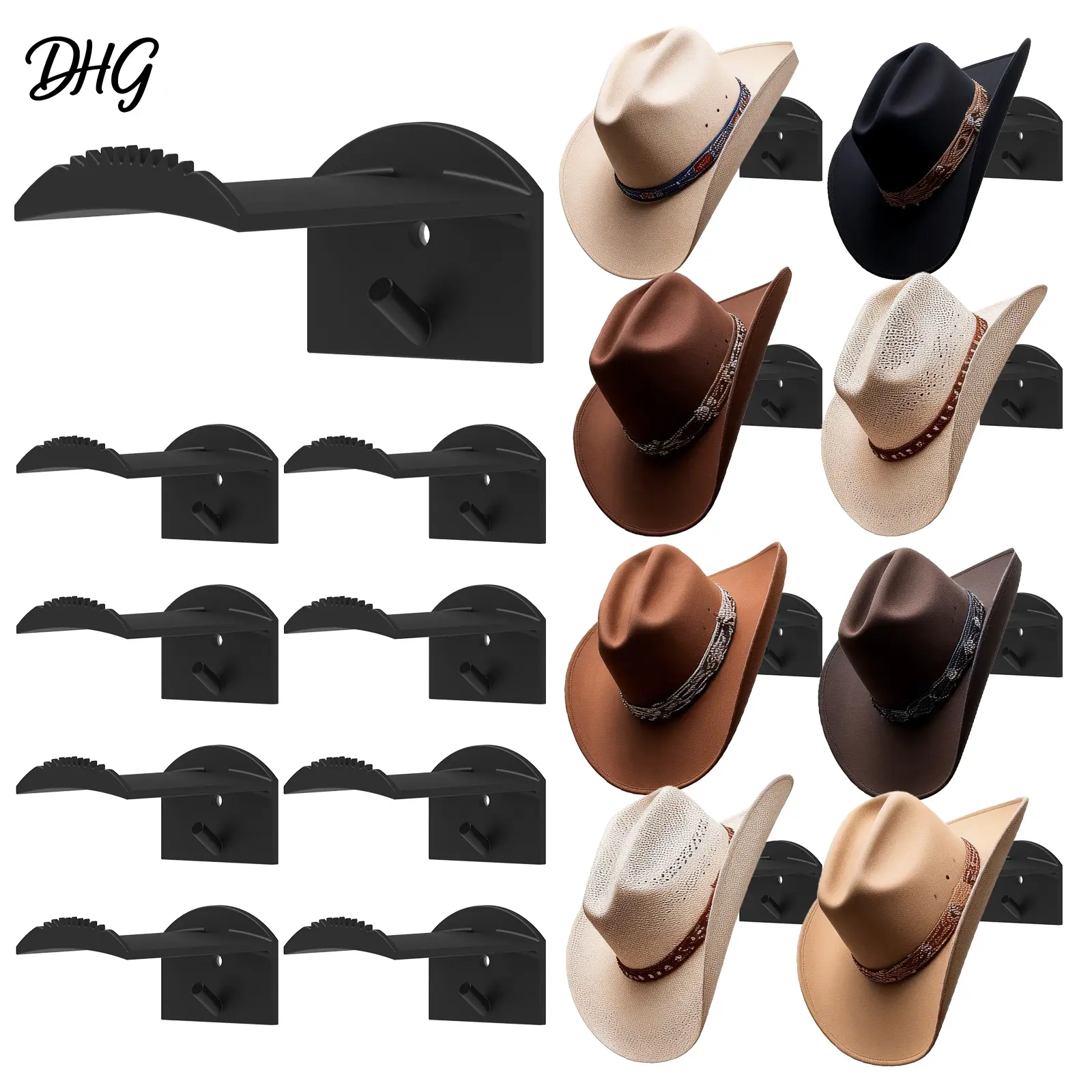 8 Pack 3 Inch Wall Mount Cowboy Hat Hooks, Heavy Duty Self Adhesive Cap Rack, No Drill Hat Organizer Fits Cowboy Hats & Baseball Caps, Rustic Western Decor for Bedroom, Closet & Entryway, Black